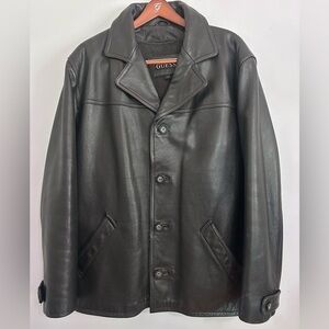GUESS Men’s Black Heavy Leather Button Up Coat Jacket Size Large Lined Y2K